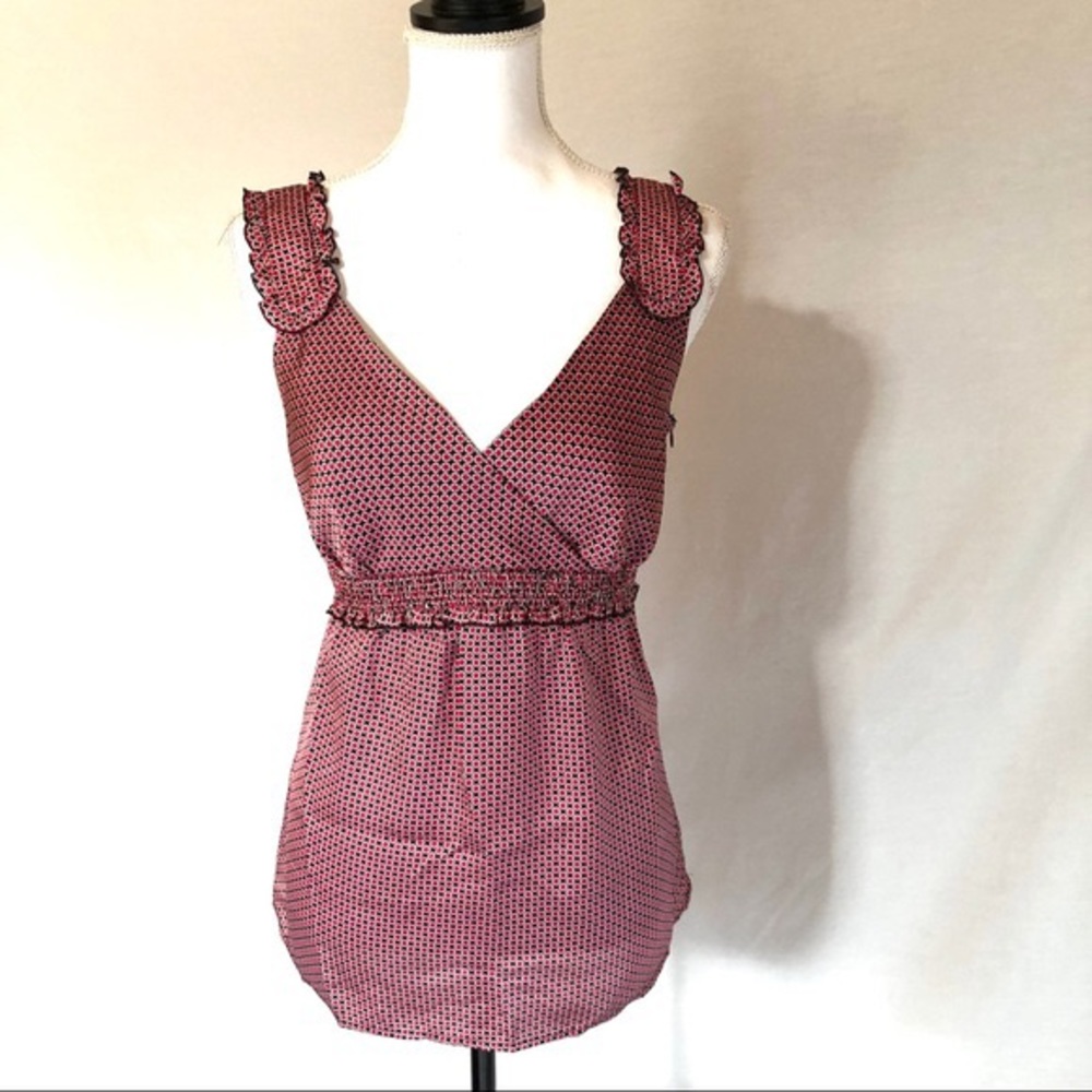 NWOT Loft Ruffled Black Pink Geo Dot Print Top